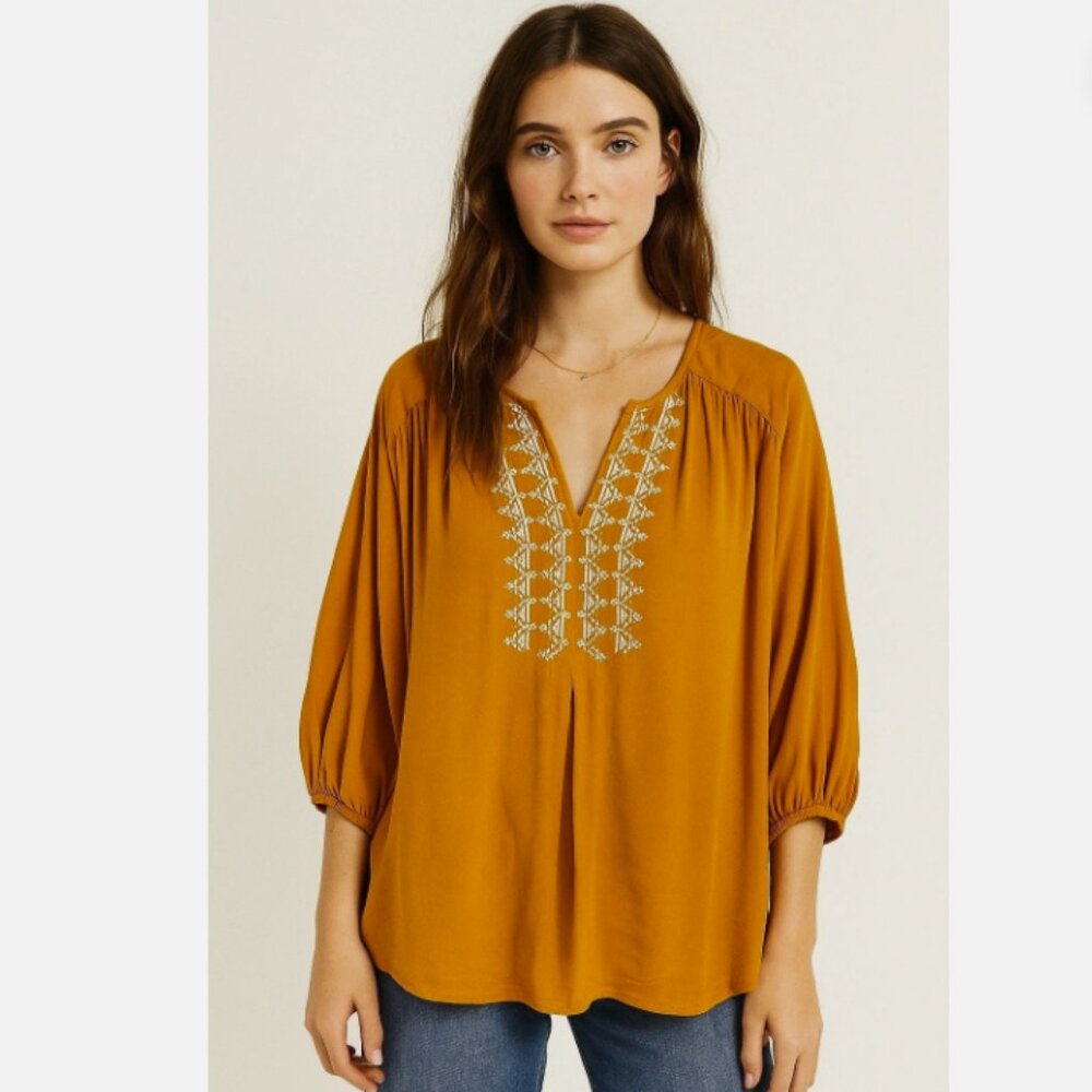 Dolan Anthropologie Alvia Peasant embroidered top size medium mustard boxy boho